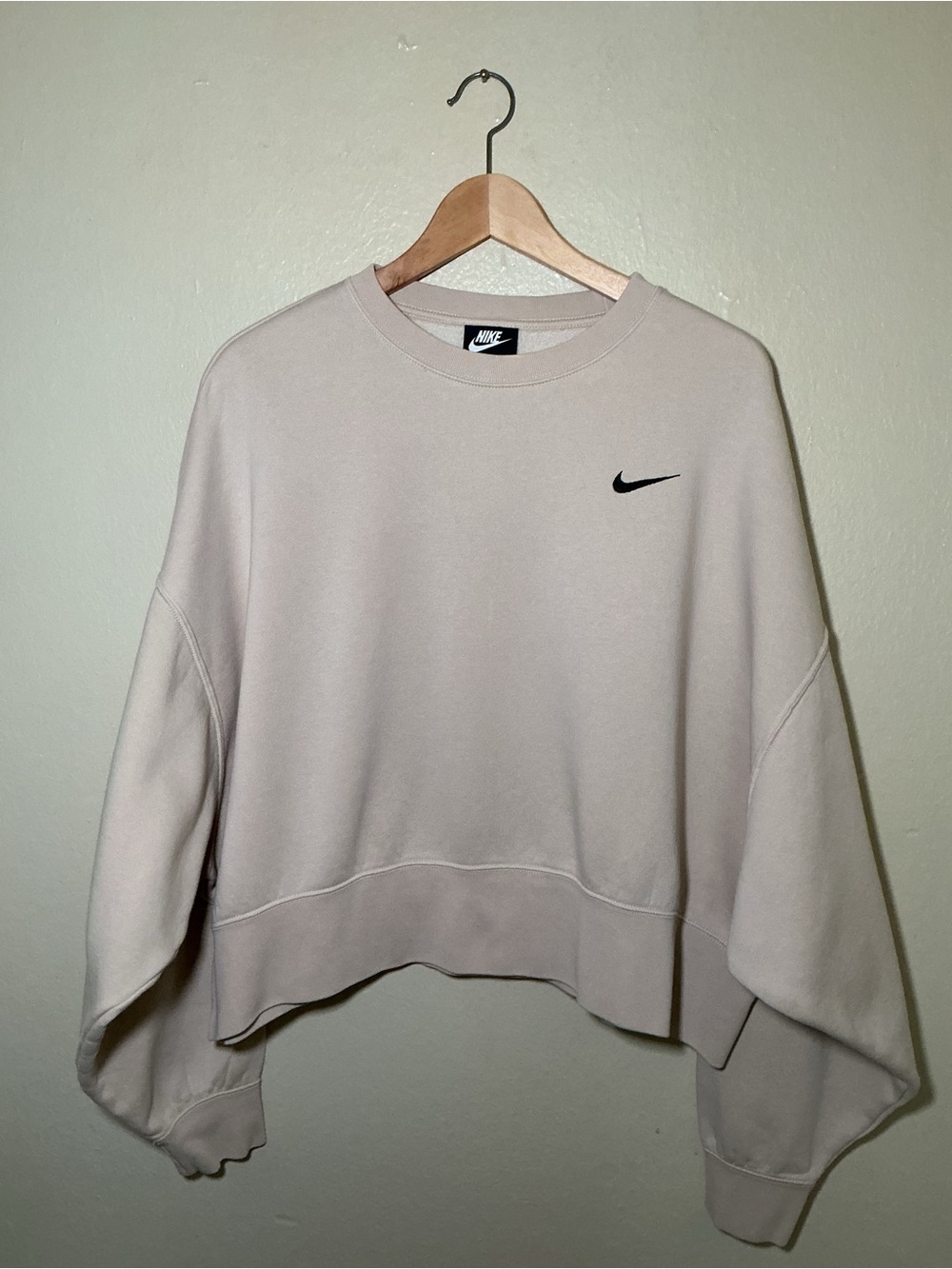 Nike Beige Cropped Crewneck Sweatshirt with Black Swoosh